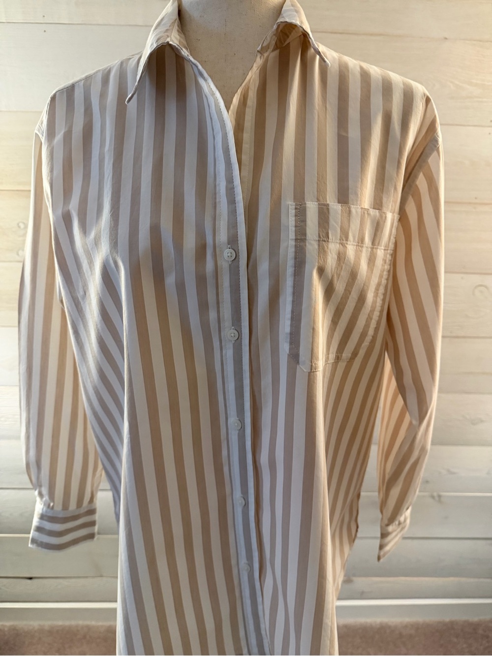 Banana Republic Beige and White Vertical Stripe Button-Down Shirt